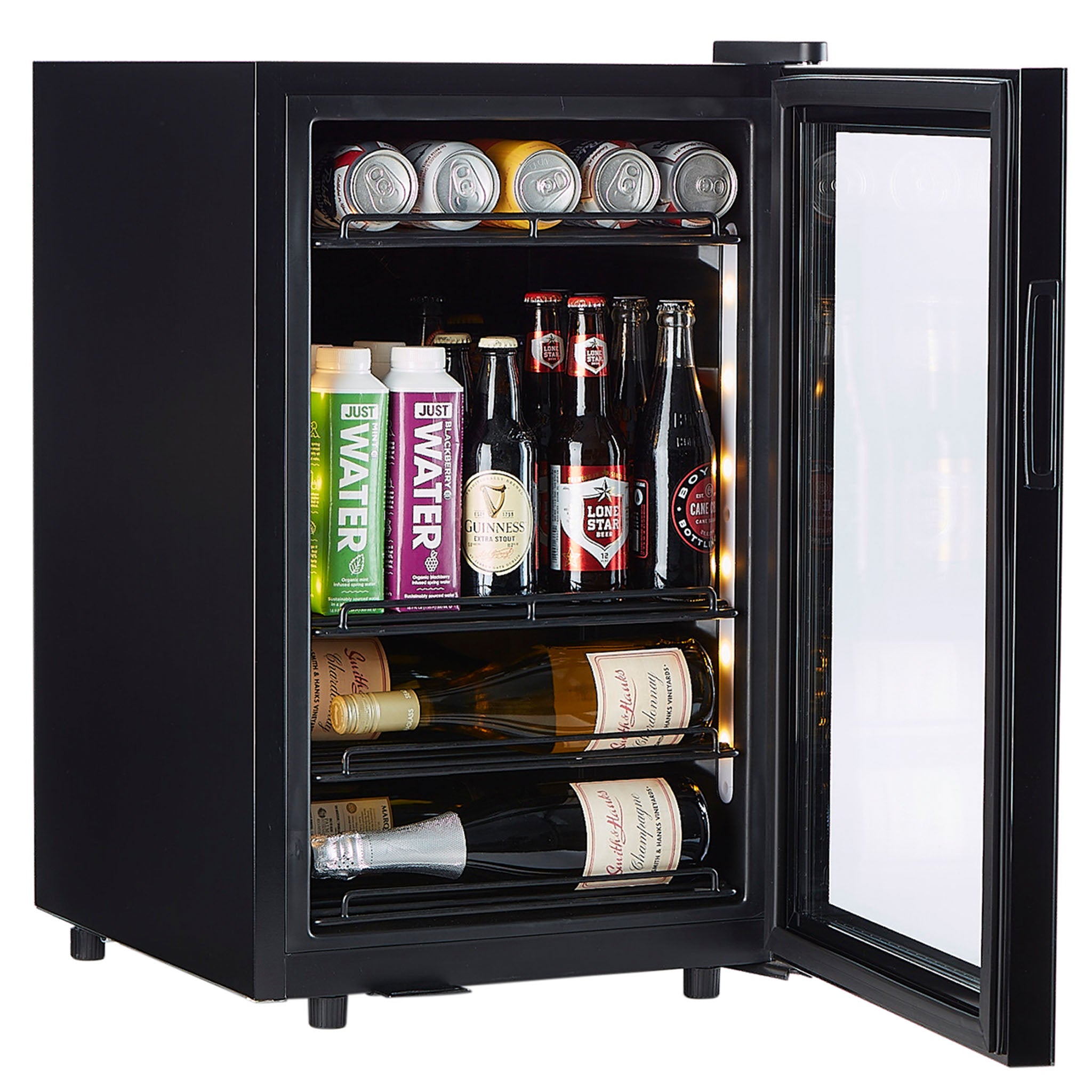 https://www.smithandhanks.com/cdn/shop/products/Smith-and-Hanks-80-can-beverage-cooler-single-zone-BEV70-modern-black-glass-angle-open_2048x2048.jpg?v=1677717065